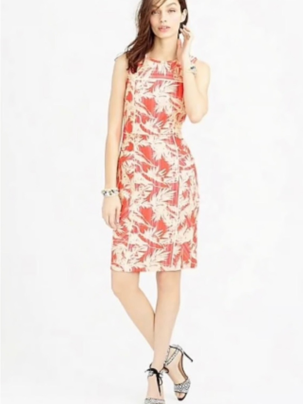 J. Crew Coral and Cream Leaf-Print Midi Dress